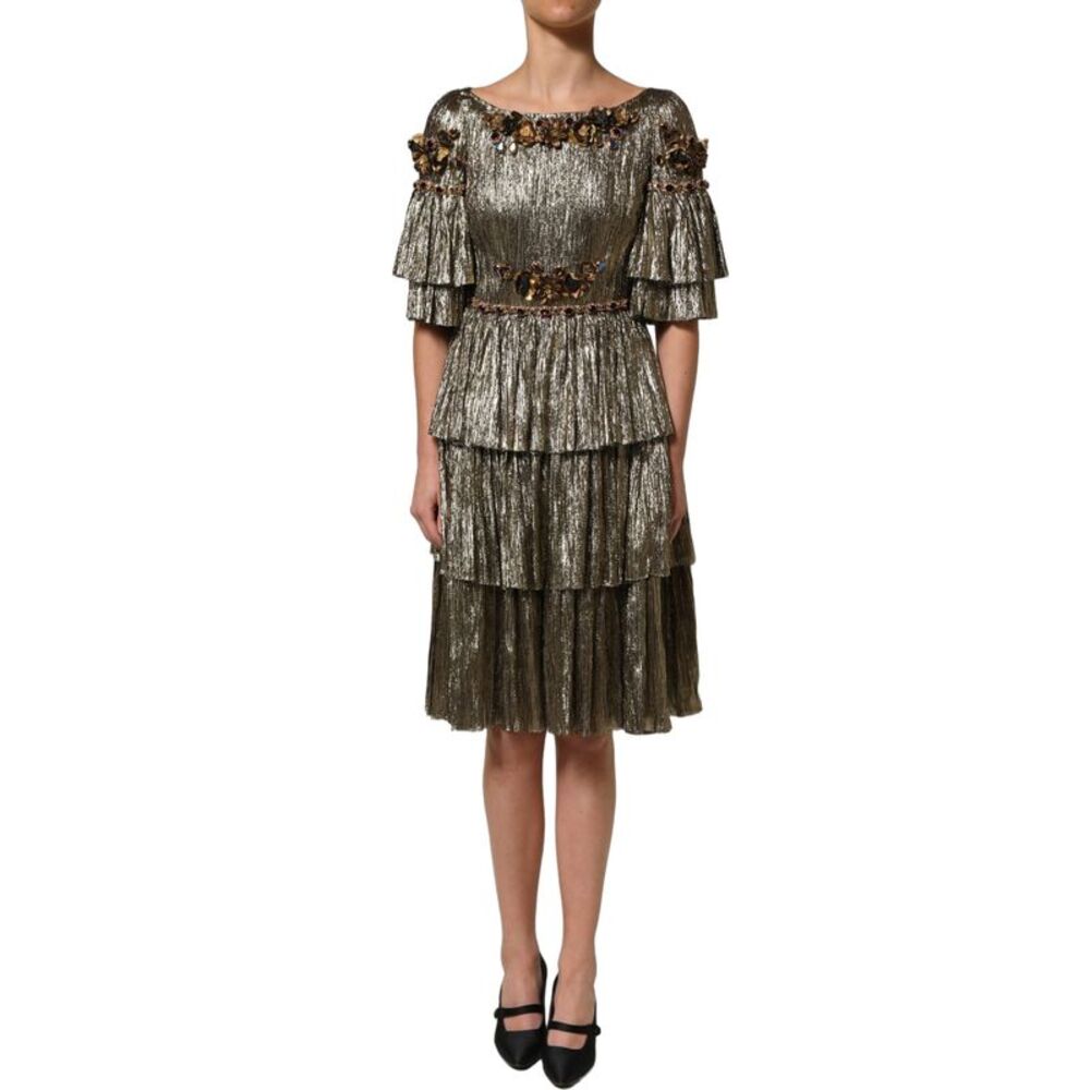 Dolce & Gabbana Metallic Gold Embellished Tiered Midi Women's Dress